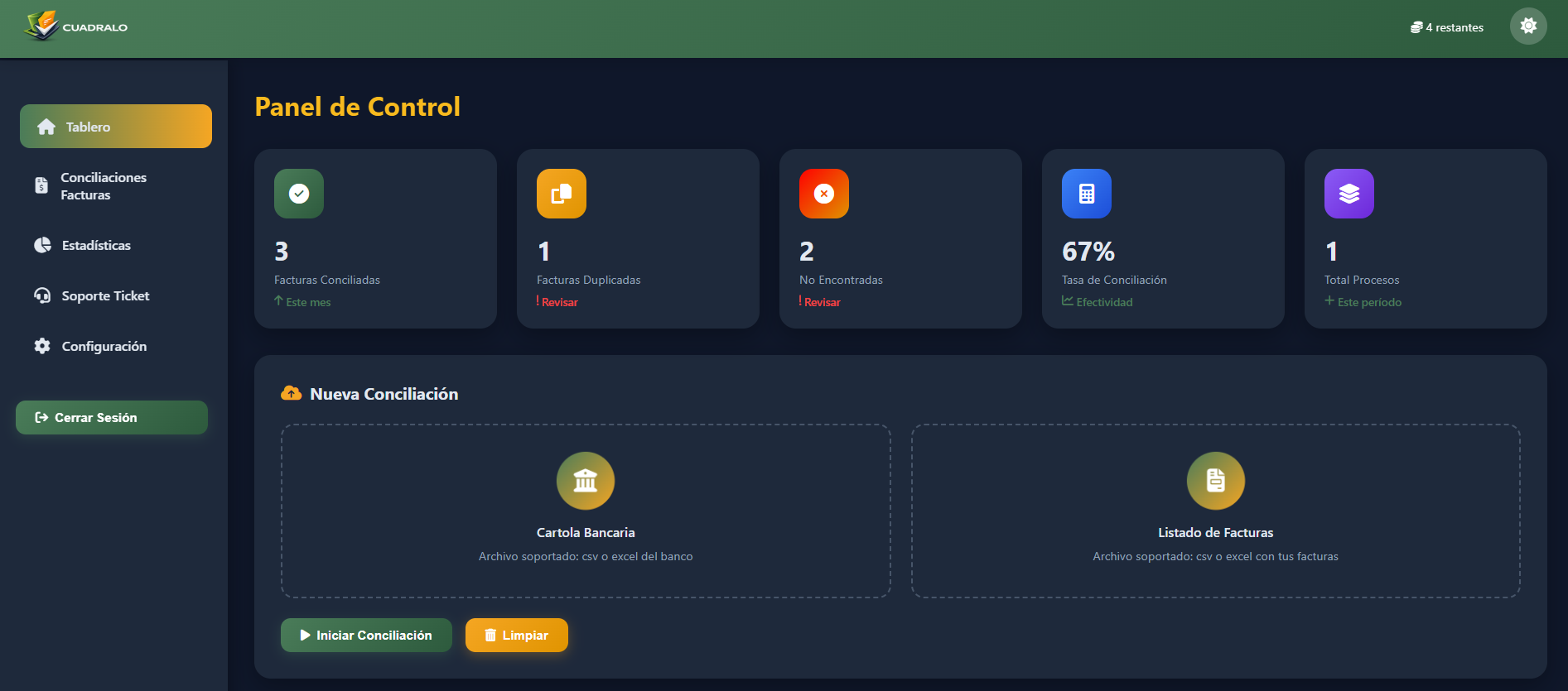 Dashboard de CUADRALO mostrando conciliación automática de cartola bancaria vs facturas para Pymes chilenas